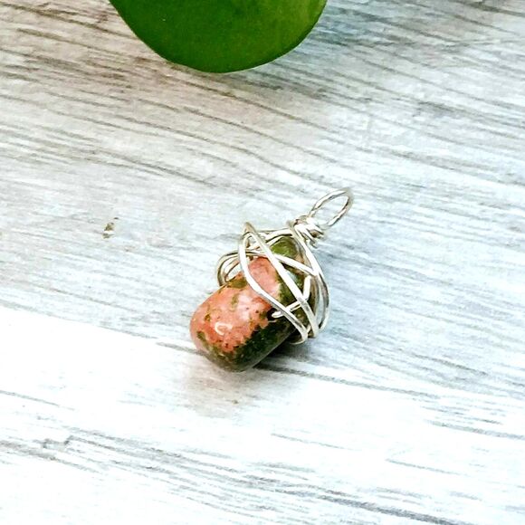 Dainty Unakite Crystal Pendant, Silver Wire Wrapped, 3/4" Minimalist - Picture 2 of 3